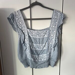 AE American Eagle Blue Striped Lace Detail Women's Top